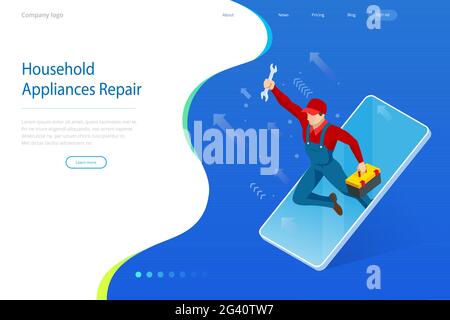 Isometric household appliances repair concept. Repair support service Stock Vector