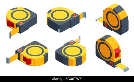 Isometric set icons of tape measure isolated on white background. Tape-line, Tape measure for construction work. Stock Vector
