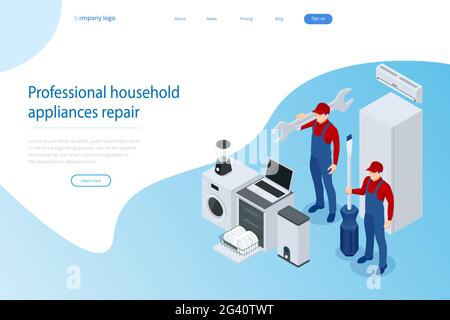 Isometric household appliances repair concept. Repair support service Stock Vector