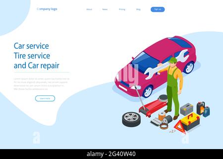 Isometric Auto Car Repair Service Center. Car Repair Station. Online roadside assistance. Stock Vector