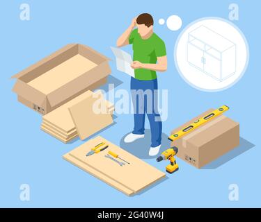 Isomtric man does the assembly of furniture himself at home. Furniture assembly help with man confused by assembly instruction Stock Vector