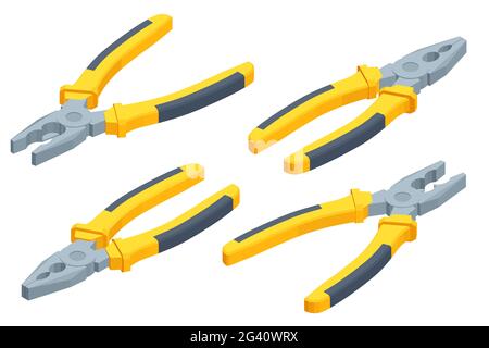 Isometric metal pliers with rubber handles black and yellow color isolated on white background. Hand tools for repair, construction and maintenance Stock Vector