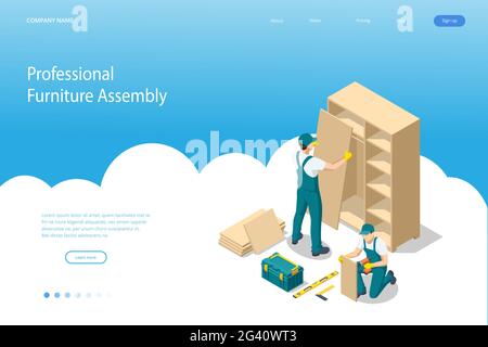 Isometric workers of manufacture with professional tools during furniture assembly. Furniture assembly concept. Stock Vector