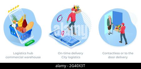 Online purchases during a quarantine. Contactless or to the door delivery. Isometric delivery man or courier in a medical mask and gloves delivering Stock Vector