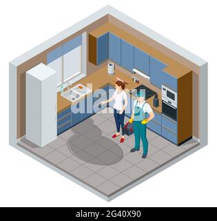 Isometric repairman or mechanic with a toolbox. Man working, holds toolbox with instrument. Professional worker in the uniform repair electrical home Stock Vector