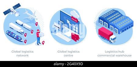 Global logistics network isometric illustration Icons set of air cargo trucking rail transportation maritime shipping On-time delivery Vehicles Stock Vector