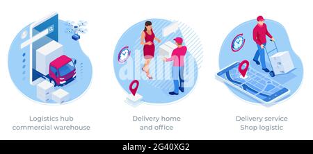 Isometric Logistics and Delivery Infographics. Delivery home and office. City logistics. Online Express, Free, Fast Delivery, Shipping concept. Stock Vector