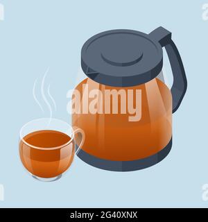 Isometric Tea ceremony icon. Fresh brewed black tea in a glass teapot and cup of tea. Traditional Asian tea ceremony arrangement. Stock Vector