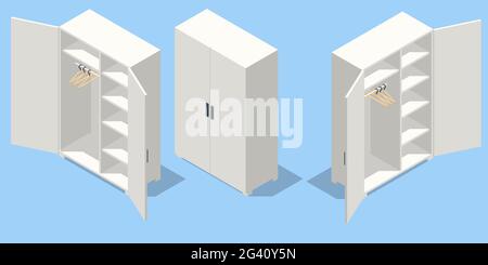 Isometric set icons of large empty wardrobes. Empty white wardrobe and hangers isolated Stock Vector