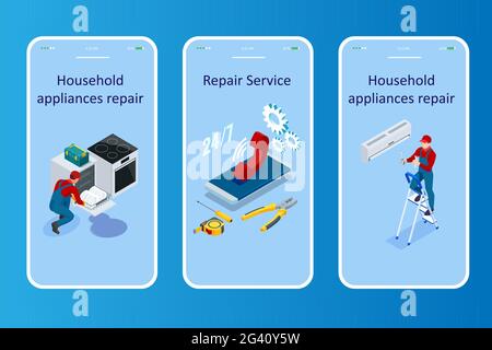 Isometric household appliances repair concept. Repair support service Stock Vector
