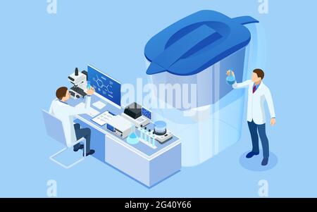Isometric Blue Water Filter Jug with Cartridge Isolated on White Background. Household Water Filter Jug in the form of a Filter Element for Cleaning Stock Vector