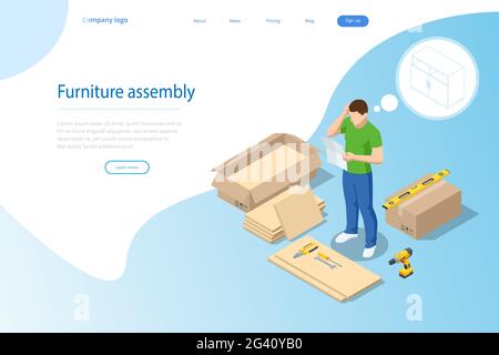 Isomtric man does the assembly of furniture himself at home. Furniture assembly help with man confused by assembly instruction. Stock Vector