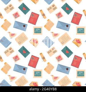 Postal items seamless colorful vector illustration. Envelopes pattern Stock Vector