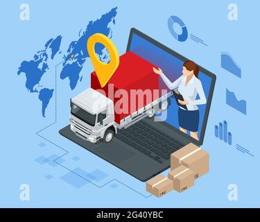 Isometric Logistics and Delivery Infographics. Delivery home and office. City logistics. Online Express, Free, Fast Delivery, Shipping concept. Stock Vector