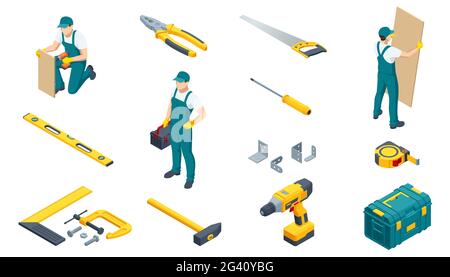 Large set of construction tools. Drill, hammer, hacksaw, tape measure, nippers, pliers, wrench, stapler, roller and repairman or mechanic with a Stock Vector