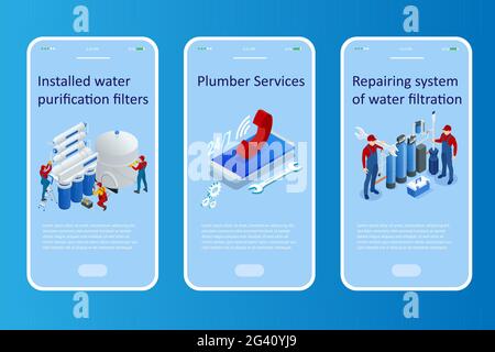 Isometric installing or repairing system of water filtration at home concept. Fix purification osmosis system. Drinking water. Sanitary work Stock Vector