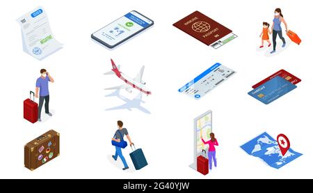 Isometric Air travel world globe airline tickets. Mobile phone with immune digital health passport for covid-19. COVID-19 Immunity Passport, immunity Stock Vector