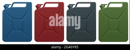 Metal Fuel Container Jerrycans. Canister for Gasoline, Diesel Gas. Fire Resistant Storage Tank. Stock Vector