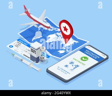 Isometric mobile phone with immune digital health passport for covid-19. COVID-19 Immunity Passport, immunity certificate, vaccination certificate Stock Vector