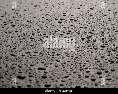 water drops on black surface, macro, shallow depth of field Stock Photo
