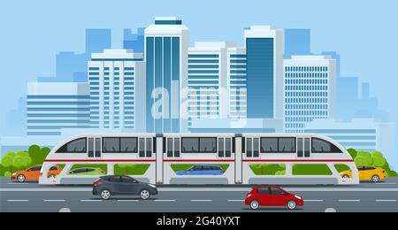 Isometric Transit Elevated Bus in China. Straddling bus, straddle bus, land airbus, or tunnel bus Road vehicle designed to carry many passengers. Stock Vector