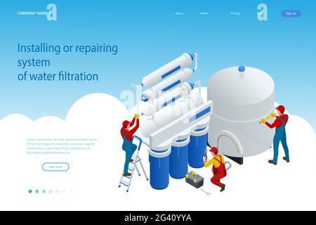 Isometric installing or repairing system of water filtration at home concept. Fix purification osmosis system. Drinking water. Sanitary work Stock Vector