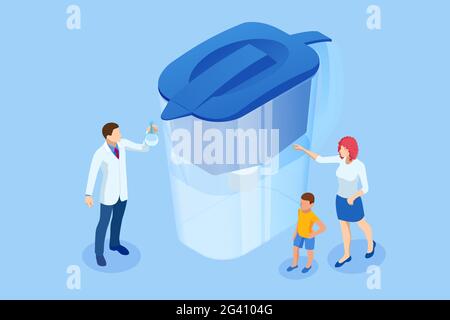Isometric Blue Water Filter Jug with Cartridge Isolated on White Background. Household Water Filter Jug in the form of a Filter Element for Cleaning Stock Vector