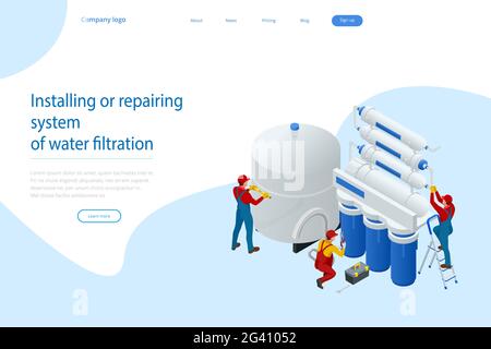 Isometric installing or repairing system of water filtration at home concept. Fix purification osmosis system. Drinking water. Sanitary work Stock Vector