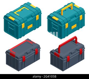 Isometric square black and green toolbox. Instrument toolbox. Repair equipment for workers. A toolbox is a box for organizing, carrying and protecting Stock Vector