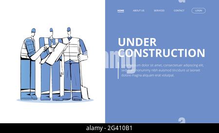 Under construction landing page template with construction worker character. Blue theme concept web page design. Vector illustration artwork. For web Stock Vector