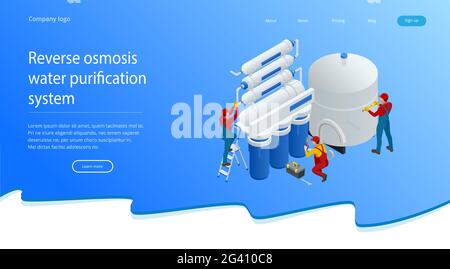 Isometric installing or repairing system of water filtration at home concept. Fix purification osmosis system. Drinking water. Sanitary work Stock Vector