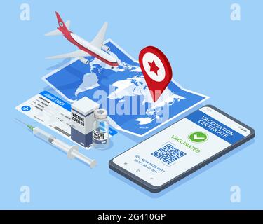 Isometric Air travel world globe airline tickets. Mobile phone with immune digital health passport for covid-19. COVID-19 Immunity Passport, immunity Stock Vector