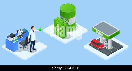 Isometric Biofuel barrels with biofuel. Green energy. Save the earth, ecology, alternative energy. Green bright Gas station pump with fuel nozzle of Stock Vector