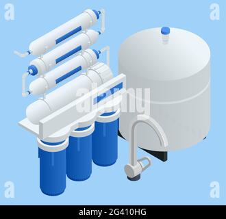 Isometric Reverse Osmosis Removes Contaminants from Unfiltered Water. Purification of Drinking Water at Home. Reverse Osmosis System. Stock Vector