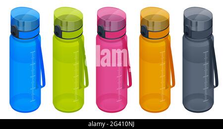Isometric set Sport Water Bottle. Colorful reusable, plastic thermo water bottles, isolated on white background. Stock Vector