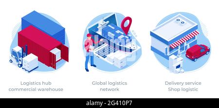 Global logistics network isometric illustration Icons set of air cargo trucking rail transportation maritime shipping On-time delivery Vehicles Stock Vector
