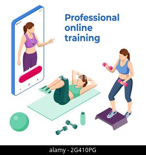 Isometric online fitness and training on smartphone. Distant training with personal trainer. Young fit woman in sportswear watching online video with Stock Vector
