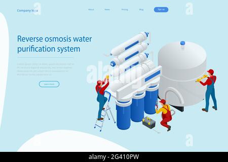 Isometric installing or repairing system of water filtration at home concept. Fix purification osmosis system. Drinking water. Sanitary work Stock Vector