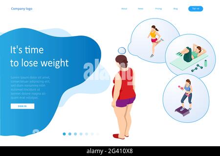 Isometric Healthy food and Diet planning concept. Healthy eating, personal diet or nutrition plan from dieting expert. Overweight, a woman dreams of Stock Vector