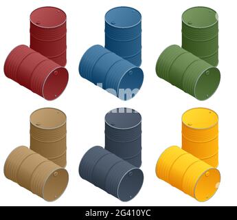 Isometric metal oil barrel. Steel barrels isolated on white background. Containers for liquid products. Stock Vector