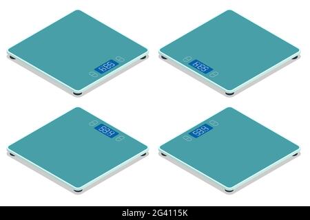 Isometric Bathroom Scales on white background, top view. Weight loss, healthy lifestyles, diet, proper nutrition. Stock Vector