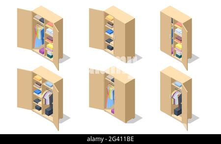 Isometric set icons of large wardrobes closets with clothes and home stuff. Big wardrobe with different clothes and accessories. Stock Vector
