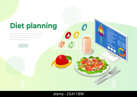 Isometric Healthy food and Diet planning concept. Healthy eating, personal diet or nutrition plan from dieting expert. Nutrition consulting, diet plan Stock Vector