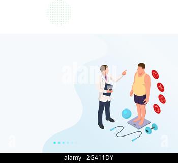 Isometric Healthy food and Diet planning concept. Doctor s consultation for an overweight patient. Health risk, obesity. Doctor s recommendations Stock Vector