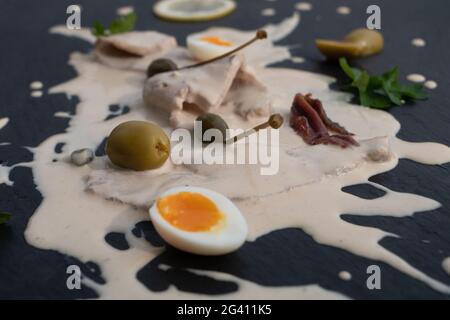 Vitello Tonnato, Veal in Tuna Sauce, Side View, a Dish from the Piedmontese Cuisine Stock Photo