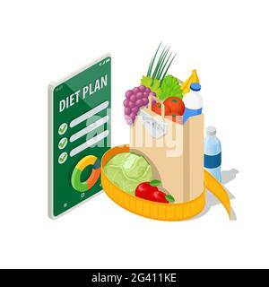 Isometric Healthy food and Diet planning on smartphone. Healthy eating, personal diet or nutrition plan from dieting expert. Nutrition consulting Stock Vector