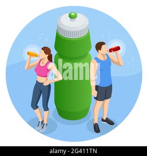 Isometric young people drinking a bottle of water. Sport water bottle. Active lifestyle Stock Vector