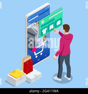 Isometric Smart phone online shopping, clothing store concept. Online shopping e-commerce. Modern shopping app on smart phone. Buying clothes on web Stock Vector