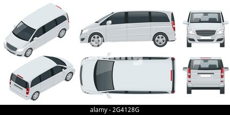 Electric Minivan with Premium Touches, Passenger Van Car vector template on background. Multi purpose vehicle, people carrier mover, SUV, 5-door Stock Vector