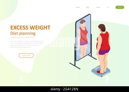 Isometric Healthy food and Diet planning. Fat woman looks with a mirror and introduces herself slender, the dream of losing weight Stock Vector